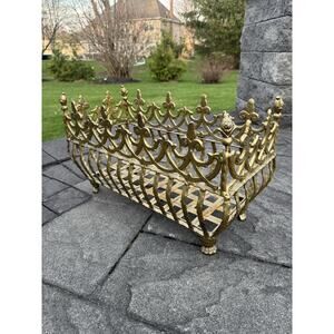 Vintage Gothic Iron Trough Planter Ornate Gold Brass Finish Footed 20x12x9”